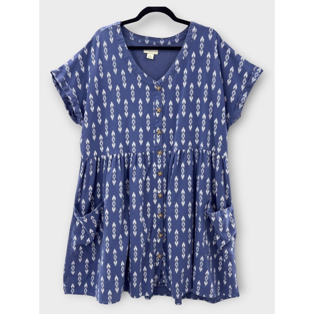 Peyton & Parker Linen Blend Babydoll Tunic Dress XL Blue Ikat Pockets Boho